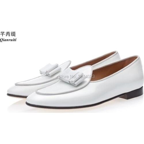 Qianruiti Patent leather Men Slippers Black Suede Loafers Bow Tie Moccasins Casual Shoes Man Flats Party Wedding Shoes