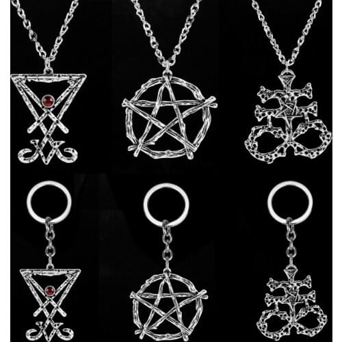 Satanic Lucifer Necklace Mens Jewelry Women Vintage Geometric Key Chain Pnedant Necklace Baphomet Amulet Accessories Charms Gift