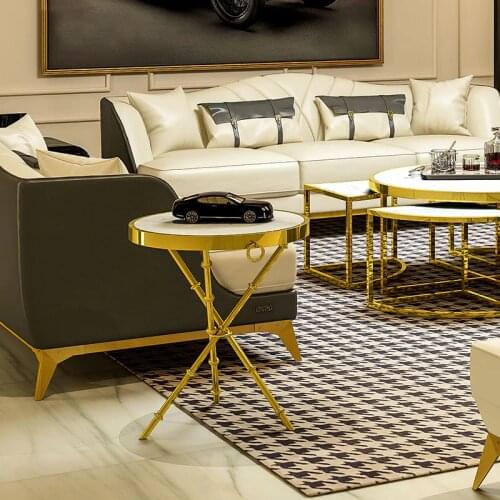 Modern Minimalist Sofa Side Table Designer Creative Round Marble Coffee Table Metal Corner Table