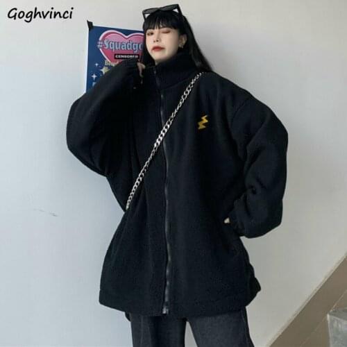 Hoodies Women Stand Collar Printed Lambswool Winter Ulzzang Leisure All-match Unisex Oversize Outwear Zip-up High Street Hoodie