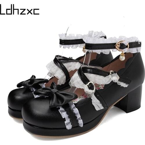 LDHZXC Sweet Students Uniform Lolita Shoes Women Low Heels Platform Shoes Fashion Students Single Shoes Round Toe Lacing
