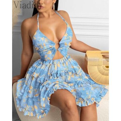 Women Print Halter Open Back Ruffles Design Lace-up Summer Dress