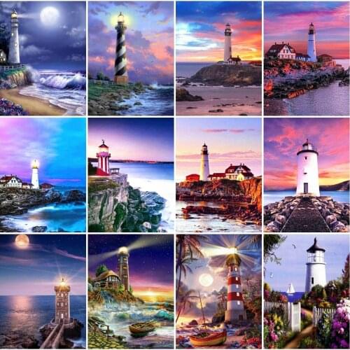 AZQSD Diamond Painting Lighthouse Seaside Cross Stitch Diamond Embroidery Landscape Mosaic Rhinestones Needlework Home Decor