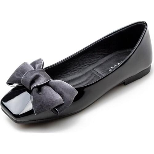 New Patent Leather Flat Women Butterfly-knot Ballet Flats Shoes Women Plus Size 41 Black Square Toe Bowtie Shoes Black for Lady
