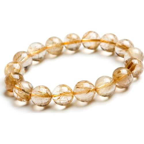 Free Shipping Just One 12.5mm Natural Titanium Golden Rutilated Quartz Crystal Round Beads Jewelry Stretch Charm Bracelets