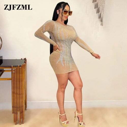 Black Apricot Sheer Mesh Rhinestone Party Dresses Fall Clothing for Women Nightclub Long Sleeve See Through Bandage Mini Dress