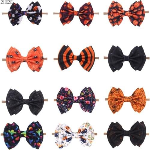 1PC Halloween 2021 New 6" Big Print Waffle Hair Bow Elastic Nylon Headband DIY Hairband Spring Photo Pro Hair Accessories Gift