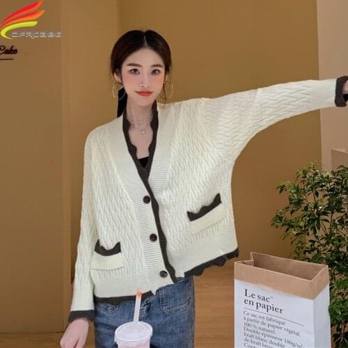 New 2021 Autumn Winter Womens Sweaters V-Neck Twist Cardigan Women Beige Green Brown Korean Fashion Knitwear Women Outwear Tops