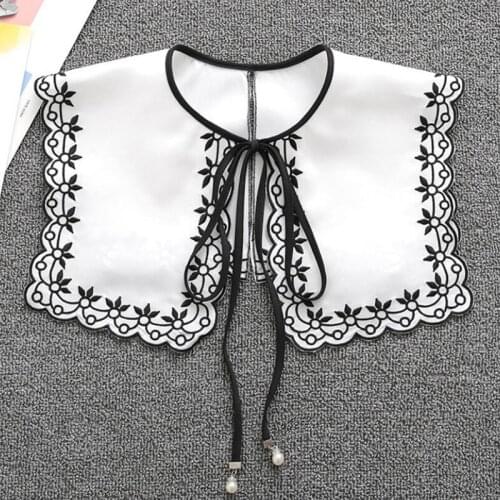 Korean Female Fake Collar Cotton Embroidered Bow Lace Shawl Summer Chiffon Pearl Multifunctional Sunscreen Neck Guard Scarf P39