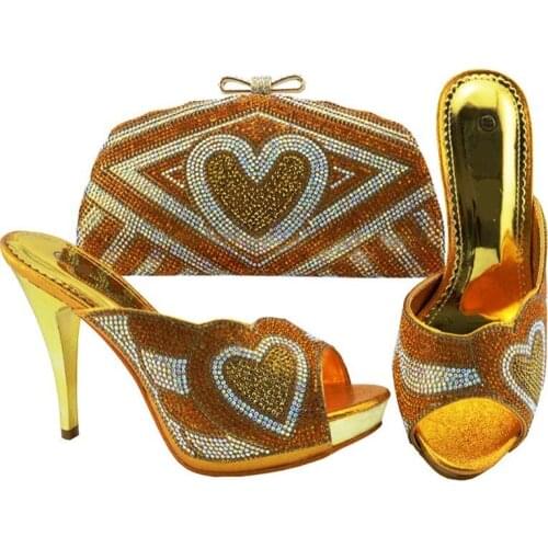 Hot sale gold women pumps with heart pattern rhinestone bag for dress african shoes match handbag set JZC005