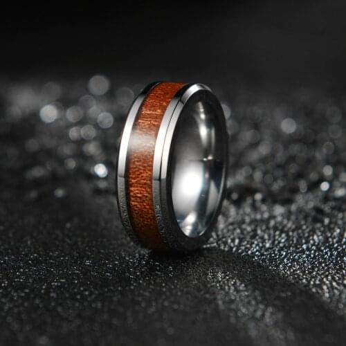 Fashion Men 8mm Silver Tungsten Carbide Wedding Engagement Ring Polished Beveled Edge Wood Inlay Band Comfort Fit