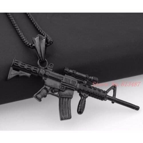 Fashion Modeling Hip Hop Black Tone Sniper Gun Stainless Steel Model Fire Weapon Pendant Necklace Free Box Chain