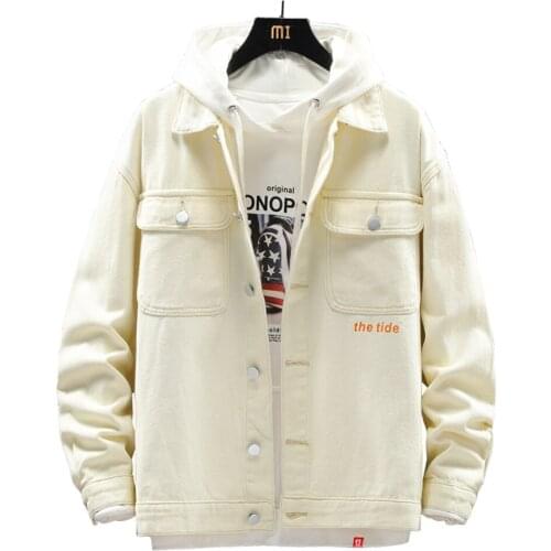 Mens Slogan Printed Denim Jacket Patchwork Pockets Cargo Jean Coat Outerwear Beige Blue Black