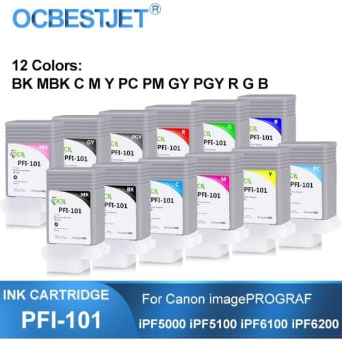 PFI-101 130ML Compatible Ink Cartridge With Full Ink For Canon imagePROGRAF iPF5000 iPF5100 iPF6100 iPF6200 Printer 12Colors/Set