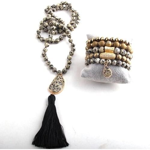 MD Fashion Black Semi Precious Beaded Stone Pendant Necklace and Bracelet Set For Women Jewelryes Sets