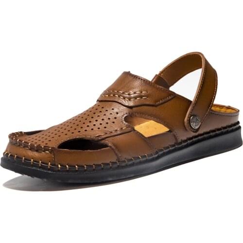 Classic Mens Sandals Summer Hollow Out Genuine Leather Male Beach Sandals Soft Male Outdoor Beach Slippers Slip-ON Man Sandals