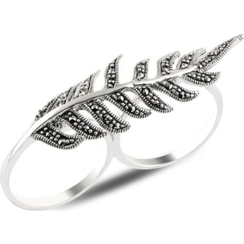 Silver 925 Sterling Leaf Marcasite Cubic Zirconia Two Finger Ring