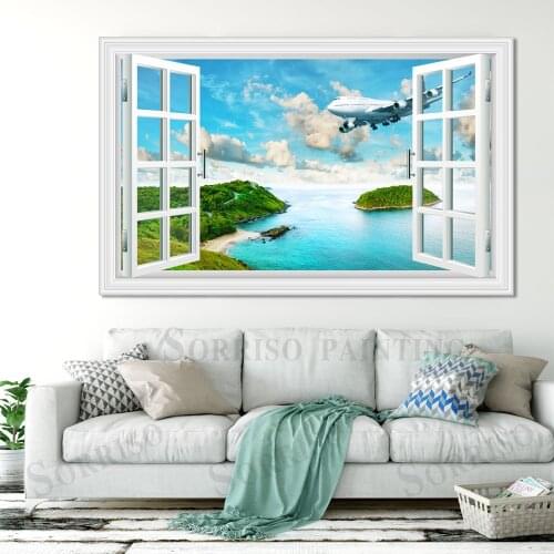 Modern Plane Aircraft Scenery Pretend Window 3D Wall Design Art Canvas Painting Posters Pictures Prints Home Living Room Decor
