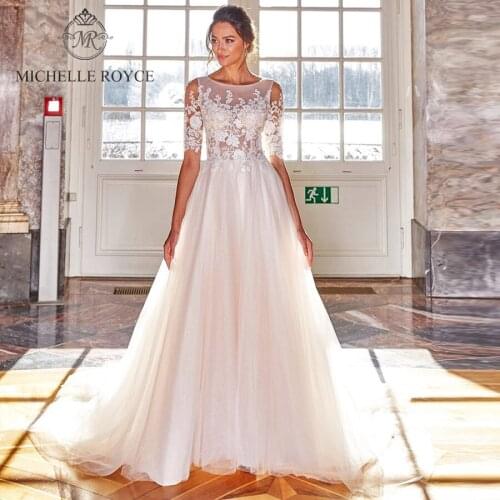 Michelle Royce A-Ling Wedding Dresses 2020 Half Sleeve Illusion Appliques Button Chapel Train Wedding Gowns Vestido De Noiva