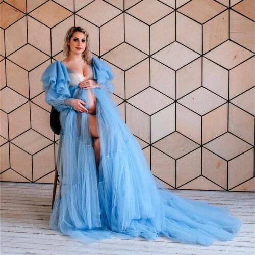 Light Blue Illusion Ruffles Celebrity Dress Bridal Long Sleeves Sleepwear Plus Size Party Nightgowns Robes Custom Made
