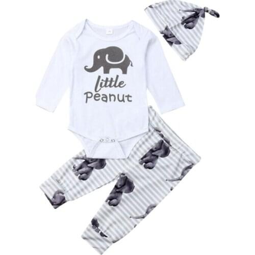 Newborn Infant Baby Boys Girls Elephant Long Sleeve Top Bodysuit Pants Hat Spring Autumn Cotton Clothes 3PCS Set 0-24M