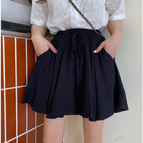Womens Pleated Skirt Cotton And Linen Solid Color Half Length Elastic Waist Mini Skirt Plus Size Lady White Black Spring Summer