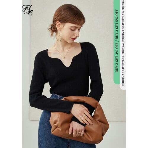 FANSILANEN Womens Knitted Sweater Long Sleeves Early Autumn Tops Gentle Vintage Sweater Irregular Neckline Solid Color Sweater