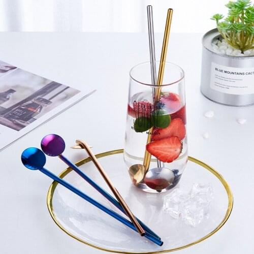 2PC Long Straws Spoon 2 in 1 Portable Tea Scoop Reusable Colored Stainless Steel Beer metal Straw Cocktail Coffee Stirring Spoon