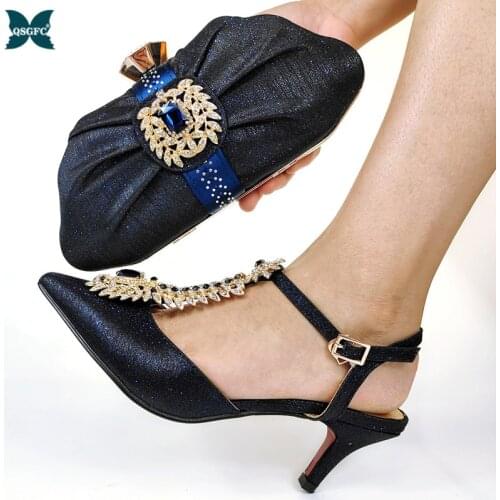 Noble Italian Design New Fashion Black Color Elegant Style Party Shoes and Bag Set Decorated With Rhinestone for Wedding