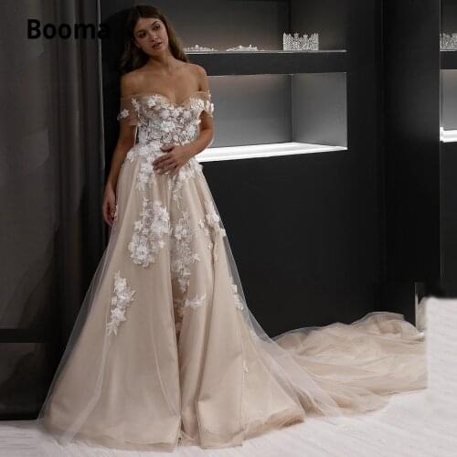 Booma Off the Shoulder Champagne Wedding Dress Lace Ivory Flowers Tulle A-line Bride Gowns Beach Sleeveless Wedding Party Gowns