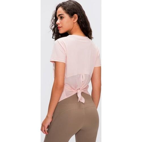 Quick Dry Fitness Top Mesh Patchwork Yoga Shirts Women Short Sleeve Running Sport Shirt Cute Tie Back Gym Workout T-shirts
