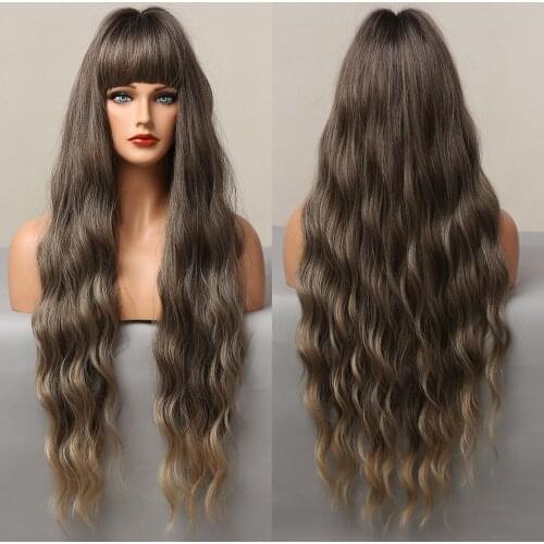 Ombre Black Brown Synthetic Wigs with Full Bangs Long Deep Wavy Wigs for Women Cospaly Daily Party Faker Hair Heat Resistant