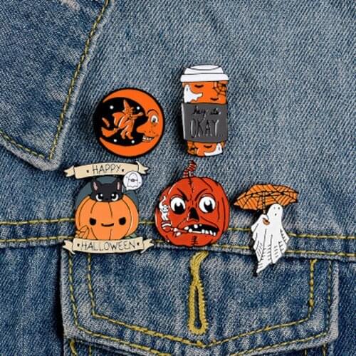 Happy Halloween Enamel Pin Custom Coffee Moon Ghost Pumpkin Umbrella Brooches Backpack Clothes Lapel Pin Fun Badge Jewelry Gift