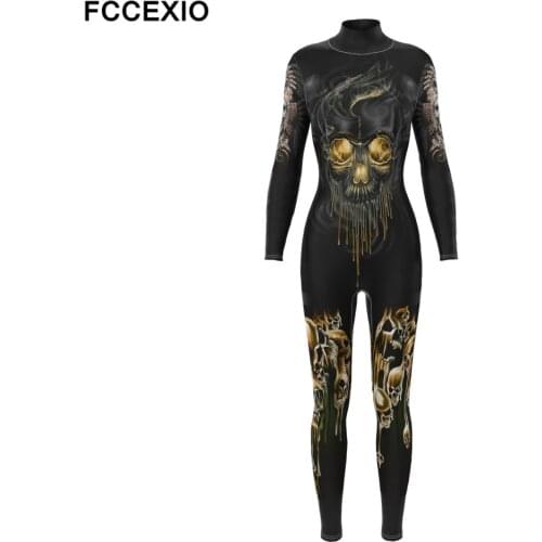 FCCEXIO Halloween Party Cosplay Costumes Women Smoke Skull Print Catsuits Adult Fashion Gothic Bodysuits One-piece Clothing