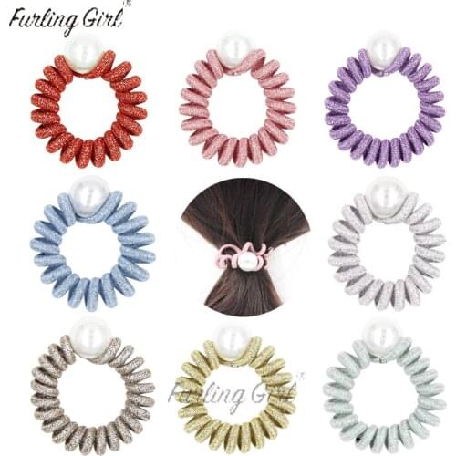 Furling Girl 1PC Shiny Pearl Candy Colors Telephone Wire Spiral Elastic Hair Band Various Colors Pearls Hair Accessories
