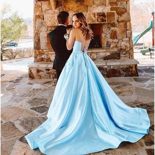 HONGFUYU Satin V-neck Ball Gown Prom Dresses with Lace Up Back Sleeveless robe de soiree Party Evening Dress Backless Pockets