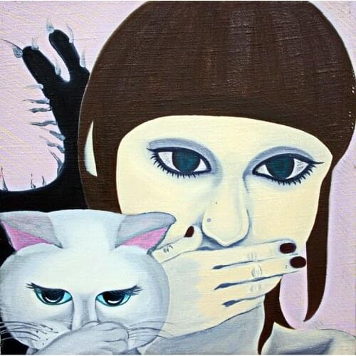 Modern handmade painting cat face and girl face on oil canvas for home decor and wallpaper, gallery