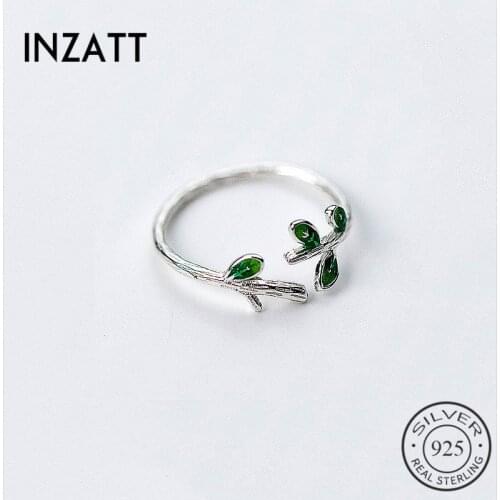 INZATT Trendy 925 Sterling Silver Green Enamel Leaves Vintage Adjustable Ring Fine Jewelry For Women Cute Party Accessories Gift