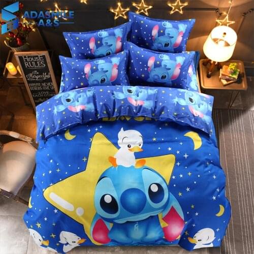 Disney Bedding Set Blue Lilo & Stitch Patterns Bedsheet Blue Comfortable Duvet Quilt Cover Pillowcase Cartoon Boy Bedroom Decor