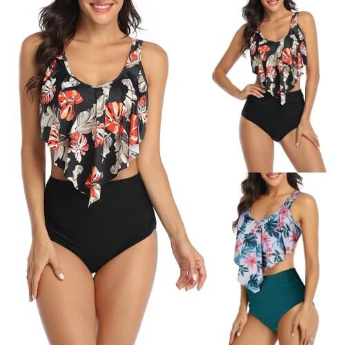 Parent-child Swimwear Set, Floral Printed Pattern Sleeveless Tops and Solid Color Shorts, White/ Black, Beachwear Swimwear