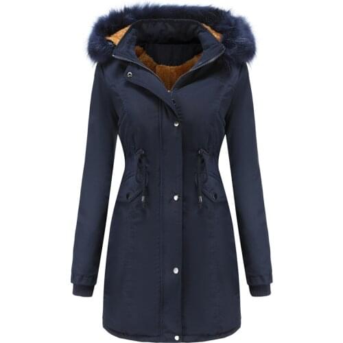 Womens Winter Cotton Padded Coat Warm Outdoor Windproof Jacket Faux Fur Hood Coats Classic Mid-Length Parka Jacket