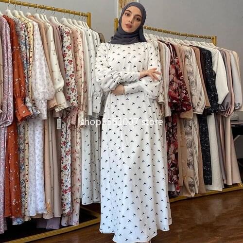 Hot Sell Birds Pattern Printed muslim Dress Elegant Long Muslim Dresses Women Modest Wear Clothing EID Robes With Belt