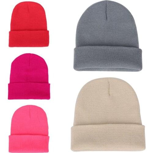 Men Women Solid Color Warm Woolen Knitted Cap Fluorescent Cuffed Beanie Hat