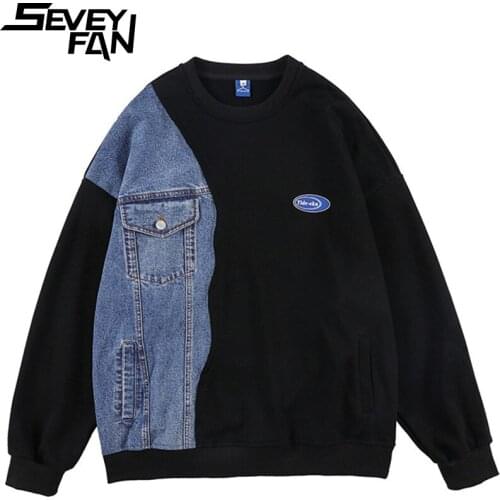 SEVEYFAN Mens Harajuku Denim Patchwork Hoodies Pure Cotton Loose O Neck Sweatshirts for Couples