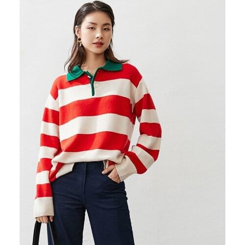 New high grade cashmere knit women PL collar tshirts full sleeve tees pullover vintage loose beige red striped one&over size