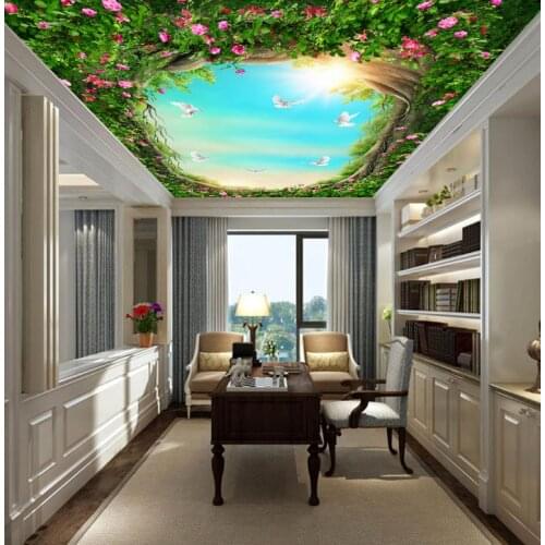 Stereoscopic 3d wallpaper ceiling White dove flower vine wall paper mural 3d ceiling photo wallpaper roll size