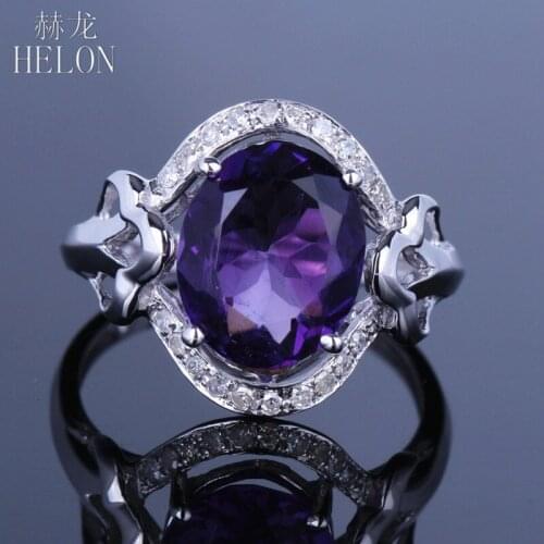 HELON Solid 10K White Gold Oval cut 2.8CT Natural Amethyst 0.2ct Diamond Engagement Wedding Trendy Jewelry Wedding Gemstone Ring