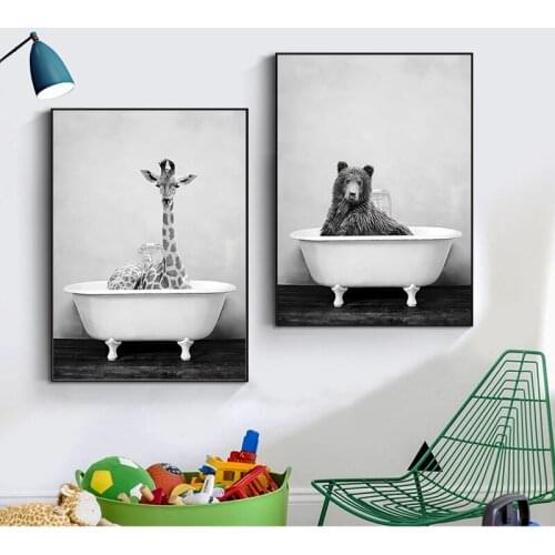 Bathing Animal Canvas Anime Poster Printing Black And White Shower Giraffe Yak Wall Picture Nordic Style Painting Still Life