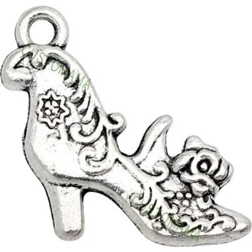 40pcs-High Heel Shoe Charms, Antique Tibetan silver 2 sided High Heeled Shoes with flowers Charm Pendant 20X19mm