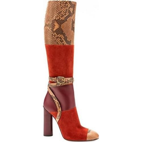 Fashion Women Patchwork Color Snake Leather Design Thick Heel Knee High Boots Buckle Design Mix-color Long Chunk Heel Boots